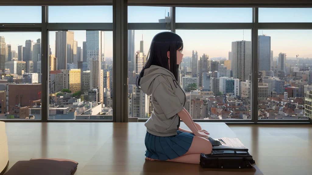 Ultra-high resolution, 8k, (Masterpiece, beautifully、mysterious:1.2), Works by Makoto Xin Haicheng, Lo-fi feel, Perfect human body engineering, 1 female, profile, mysteriousな瞳, Hoodie, uniform and short skirt, Shiny long black hair, Larger than average bust, Listening to music through headphones, Looking out the window, A room with a large window across from the desk, city view from the window, Impressive cityscape, Bright Sky, meteor, Wide angle, Before dusk