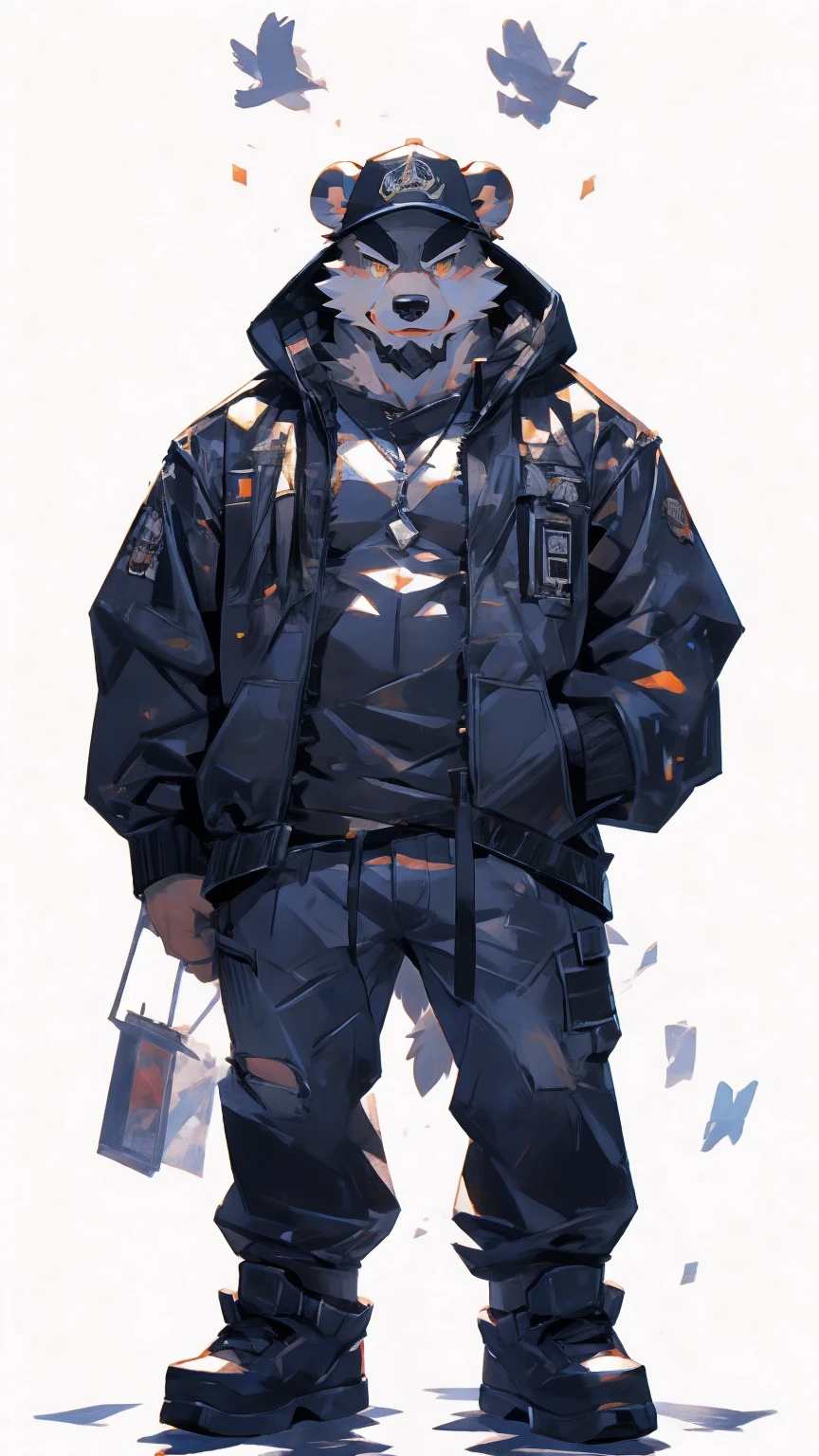 (masterpiece:1.2), best quality,pixiv,official art,perfect anatomy, (Ray tracing, light),solo, (1_male:1.3) , (muscle), (grey fur:1.4), (muscle bear), (beard:1.2), (gleaming golden eyes), bear tail, full body, Thick black eyebrows, bomber jacket, white t-shirt, shorts , canvas shoes, black socks, (pure white background: 1.3)