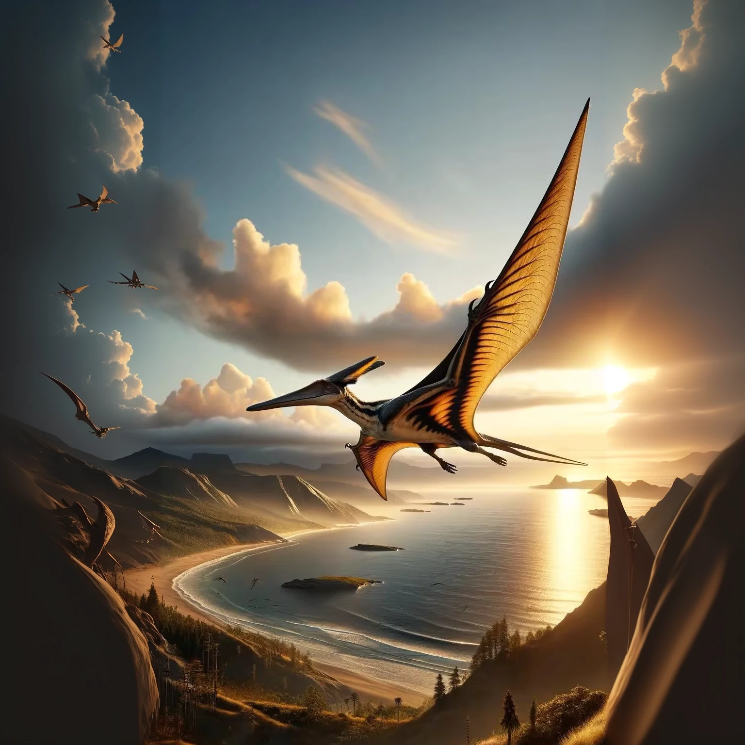 A group of pterosaurs soaring in the dusk sky