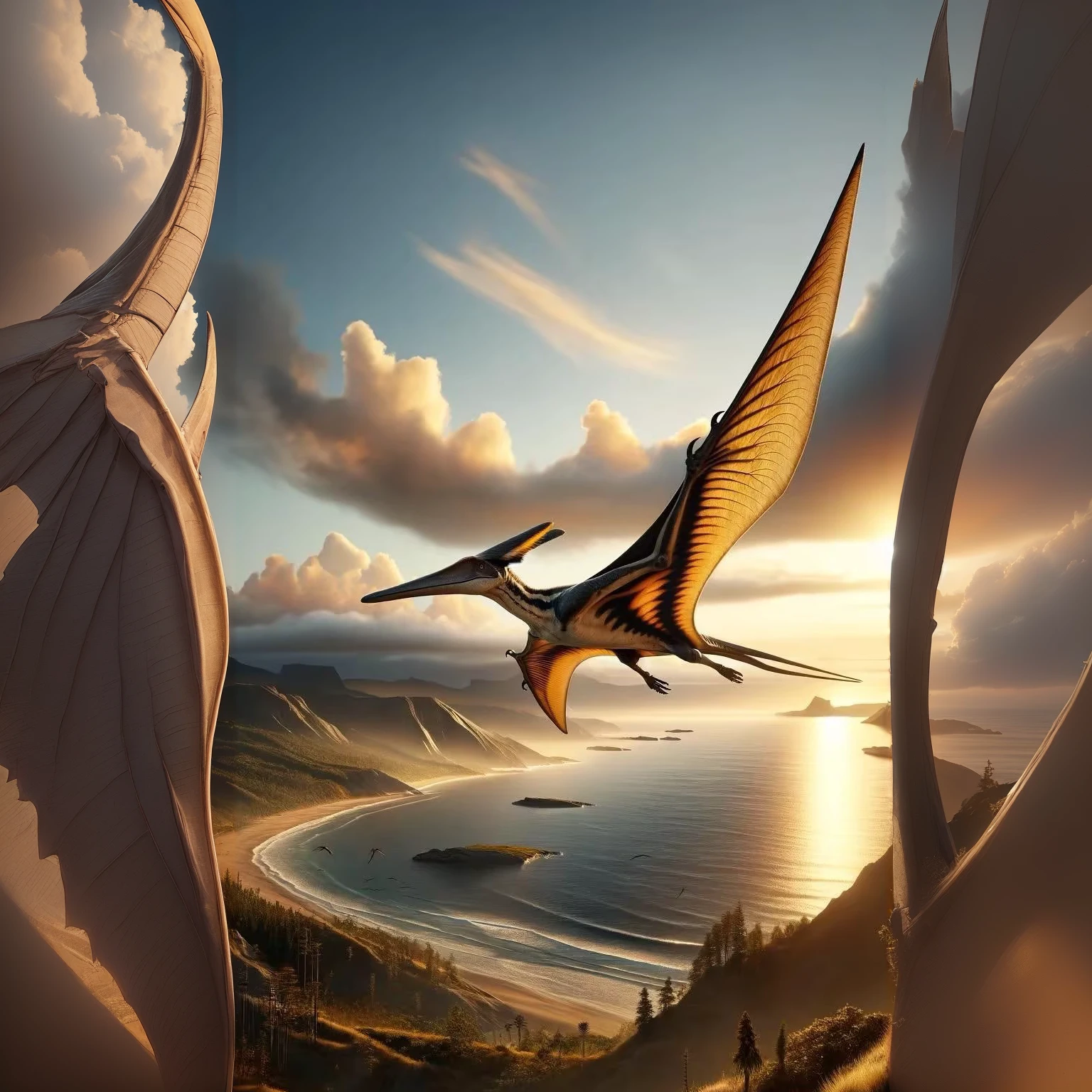 A group of pterosaurs soaring in the dusk sky