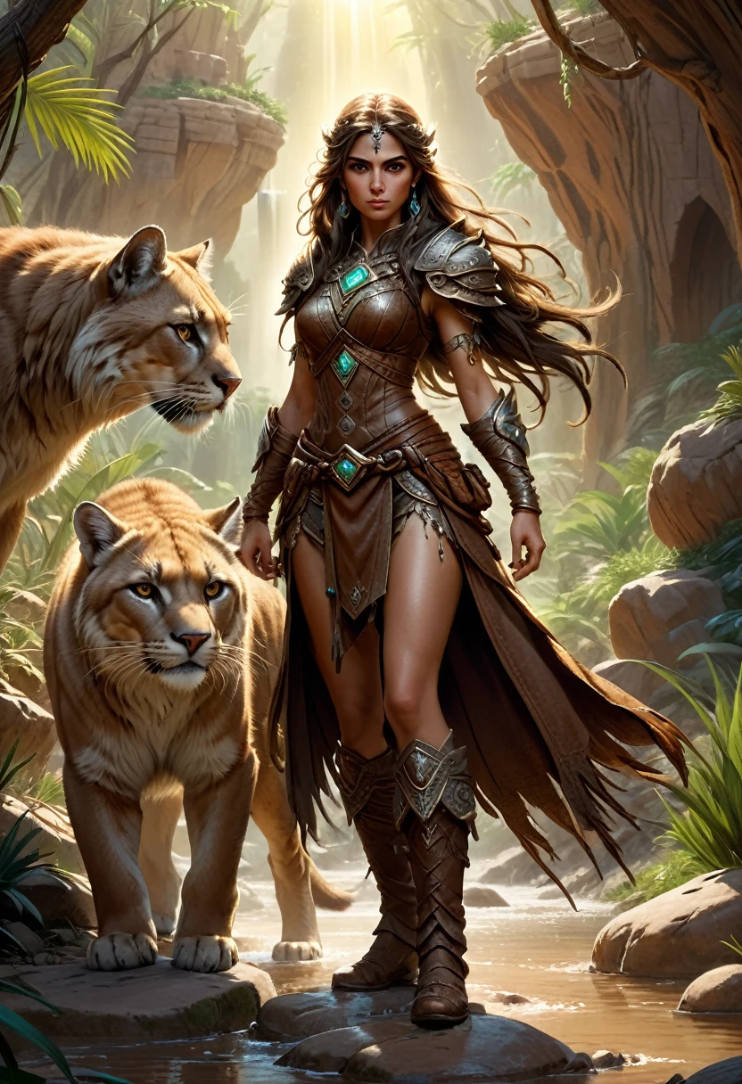 high details, best quality, 8k, [ultra detailed], masterpiece, best quality, (extremely detailed), dynamic angle, ultra wide shot, RAW, photorealistic, fantasy art, realistic art, a wide angle picture of a female human druid, knelling (1.5 intricate details, Masterpiece, best quality) talking to a cougar (1.5 intricate details, Masterpiece, best quality) in desert (1.5 intricate details, Masterpiece, best quality),  a female  wearing leather clothes (1.4 intricate details, Masterpiece, best quality), leather boots, thick hair, long hair, brown hair, tan skin intense brown eyes, desert background (intense details), a stream flowing in an oasis (1.4 intricate details, Masterpiece, best quality), sun light, dynamic light. dynamic angle, (1.4 intricate details, Masterpiece, best quality) 3D rendering, high details, best quality, highres, ultra wide angle