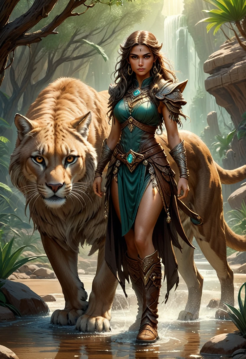 high details, best quality, 8k, [ultra detailed], masterpiece, best quality, (extremely detailed), dynamic angle, ultra wide shot, RAW, photorealistic, fantasy art, realistic art, a wide angle picture of a female human druid, knelling (1.5 intricate details, Masterpiece, best quality) talking to a cougar (1.5 intricate details, Masterpiece, best quality) in desert (1.5 intricate details, Masterpiece, best quality),  a female  wearing leather clothes (1.4 intricate details, Masterpiece, best quality), leather boots, thick hair, long hair, brown hair, tan skin intense brown eyes, desert background (intense details), a stream flowing in an oasis (1.4 intricate details, Masterpiece, best quality), sun light, dynamic light. dynamic angle, (1.4 intricate details, Masterpiece, best quality) 3D rendering, high details, best quality, highres, ultra wide angle