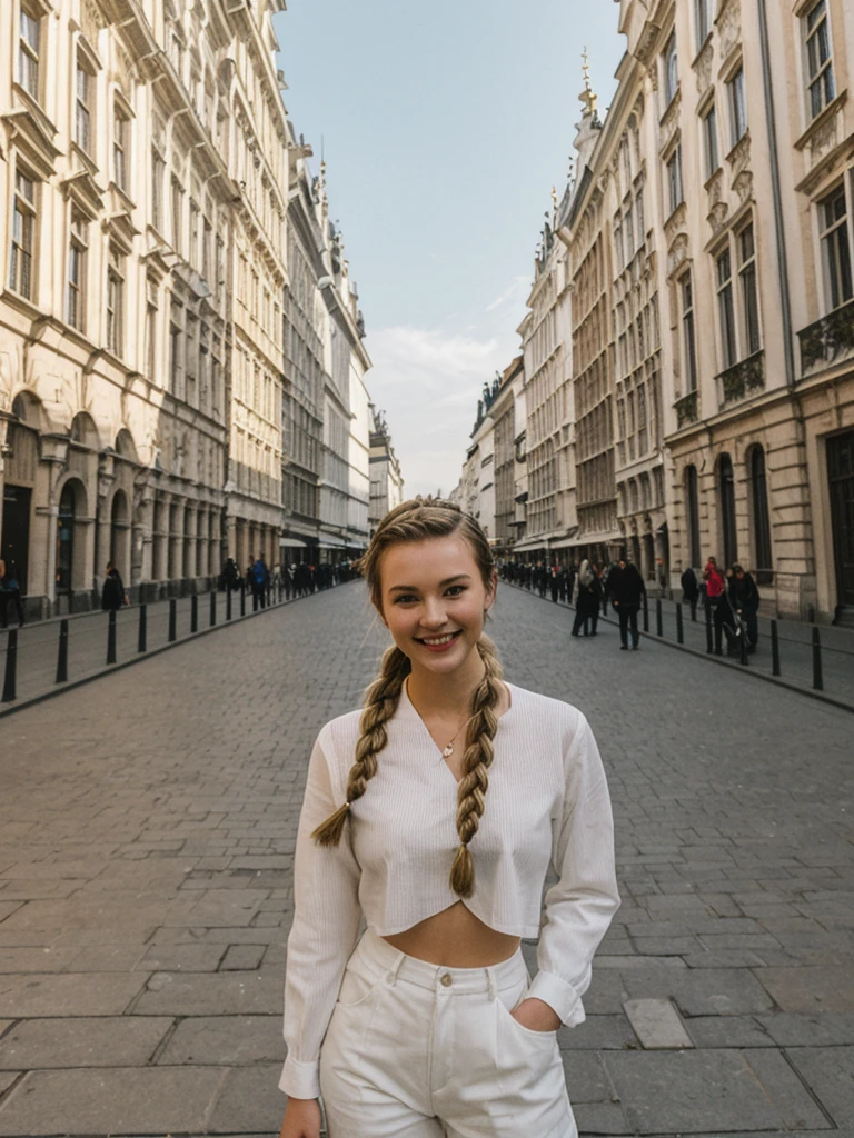 her name is Chrsotine, high quality, 1girl, ((20-year-old fit Caucasian woman)), ((20 years old)), ((fit)), ((Halo Braid)), pose: standing, wearing unique Generation-Z modern wear, BACKGROUND: Grand Place, Brussels: Stunning architecture and vibrant city life, smiling