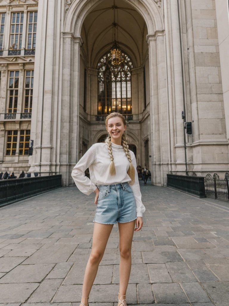 her name is Chrsotine, high quality, 1girl, ((20-year-old fit Caucasian woman)), ((20 years old)), ((fit)), ((Halo Braid)), pose: standing, wearing unique Generation-Z modern wear, BACKGROUND: Grand Place, Brussels: Stunning architecture and vibrant city life, smiling