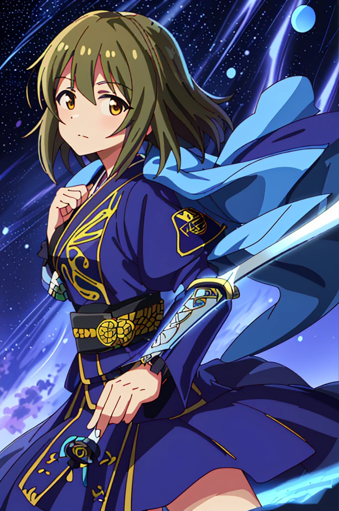 Highest quality,High resolution, (((Yukiho Hagiwara))) ,((Idolmaster)) ,One person,warrior,(dark blue_coat),kimono,Young woman,((Bob_Hairstyle)) ,roar,intense,Aggressive,One personで,strongest,Anime Style,(Milky Way_background),(Limbs),(Full Finger), (The finer details), (Super detailed),(Japanese sword:),4K,(high resolution),whole body, (Front angle), Looking at the camera,masterpiece,(Subtle details),(Intricate details),Octane Rendering,(Hyper Detail),