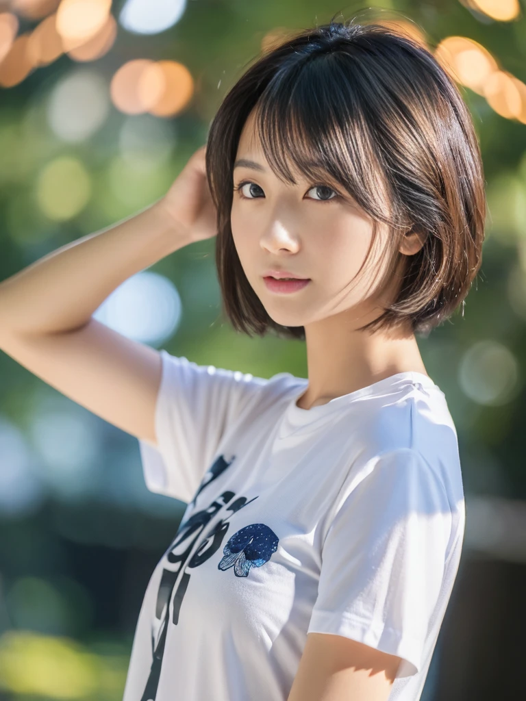 ((Highest quality、In 8K、masterpiece:1.3))、Sharp focus:1.2、Beautiful woman perfect body:1.4、Slim Abs:1.2、((Short Hair:1.2))、(trendy fashion in tokyo、T-Shirts:1.1)、Background white、Wet body:1.5、Three-dimensional texture、Detailed eyes、(Brown Hair、Black Hair:1.2)、Very shiny hair、Backward view、Hair quality improvement、Handsome short、Short-haired blonde、No text