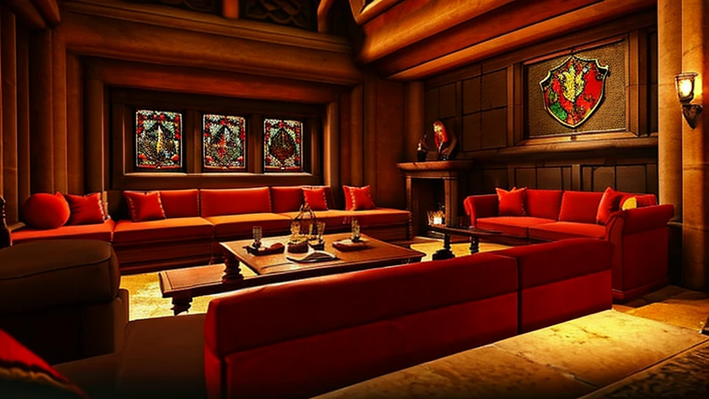 Gryffindor Common Room,Large chat room,Stone wall,Fantasy,middle ages,Red sofa,fireplace,machine,stage,warmth,Warm lighting,Red carpet,parchment,Coffee cup《Harry potter》《hogwarts legacy》