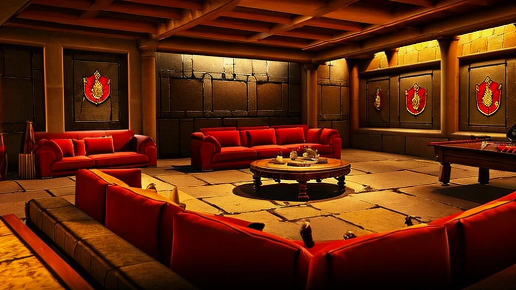 Gryffindor Common Room,Large chat room,Stone wall,Fantasy,middle ages,Red sofa,fireplace,machine,stage,warmth,Warm lighting,Red carpet,parchment,Coffee cup《Harry potter》《hogwarts legacy》