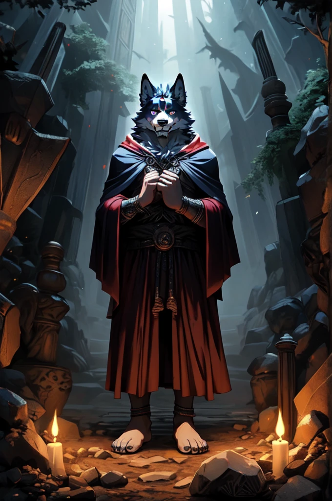 (((Barefoot furry character, full body, cinematic setting, furry male, plantigrade)))

(((Hades))) - (((God of the Underworld))) depicted as a mysterious (((wolf))) anthro with charcoal-gray fur and glowing amber eyes. He wears a dark hooded cloak that billows around him. Hades sits barefoot amidst eerie mist and shadows, with spectral forms and ghostly apparitions in the background. Symbols of the underworld like skeletal remains and obsidian pillars surround him. Cerberus, the three-headed dog, is at his side.

BREAK, detailed background, 8K, (masterpiece:1.5), intricate details, highly detailed, extreme detail, octane render, fine art, best quality, highres, (detailed face:1.5), ((full_body)), UHD, (((perfect hands))), (((perfect feet))), low light