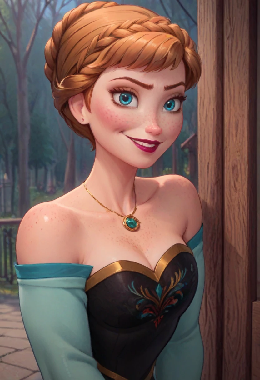 ((masterpiece, best quality)), Disney reference, (Anna), Anna smirks, lipstick, freckles on face, upper body: bare shoulders, skinny 