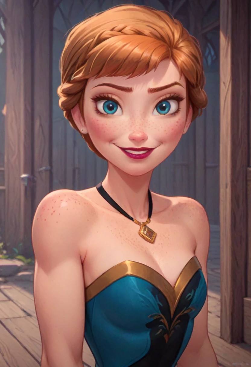 ((masterpiece, best quality)), Disney reference, (Anna), Anna smirks, lipstick, freckles on face, upper body: bare shoulders, skinny 