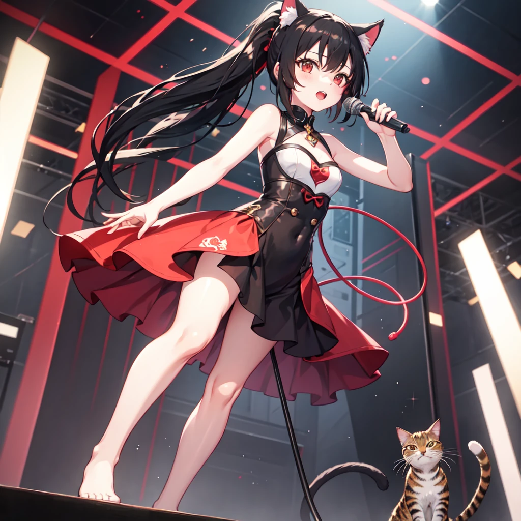 One girl、Red and black hair、Ponytail Hair、Cat ear、Red Eyes、whole body、Down to the feet、Holding a microphone、Are standing
