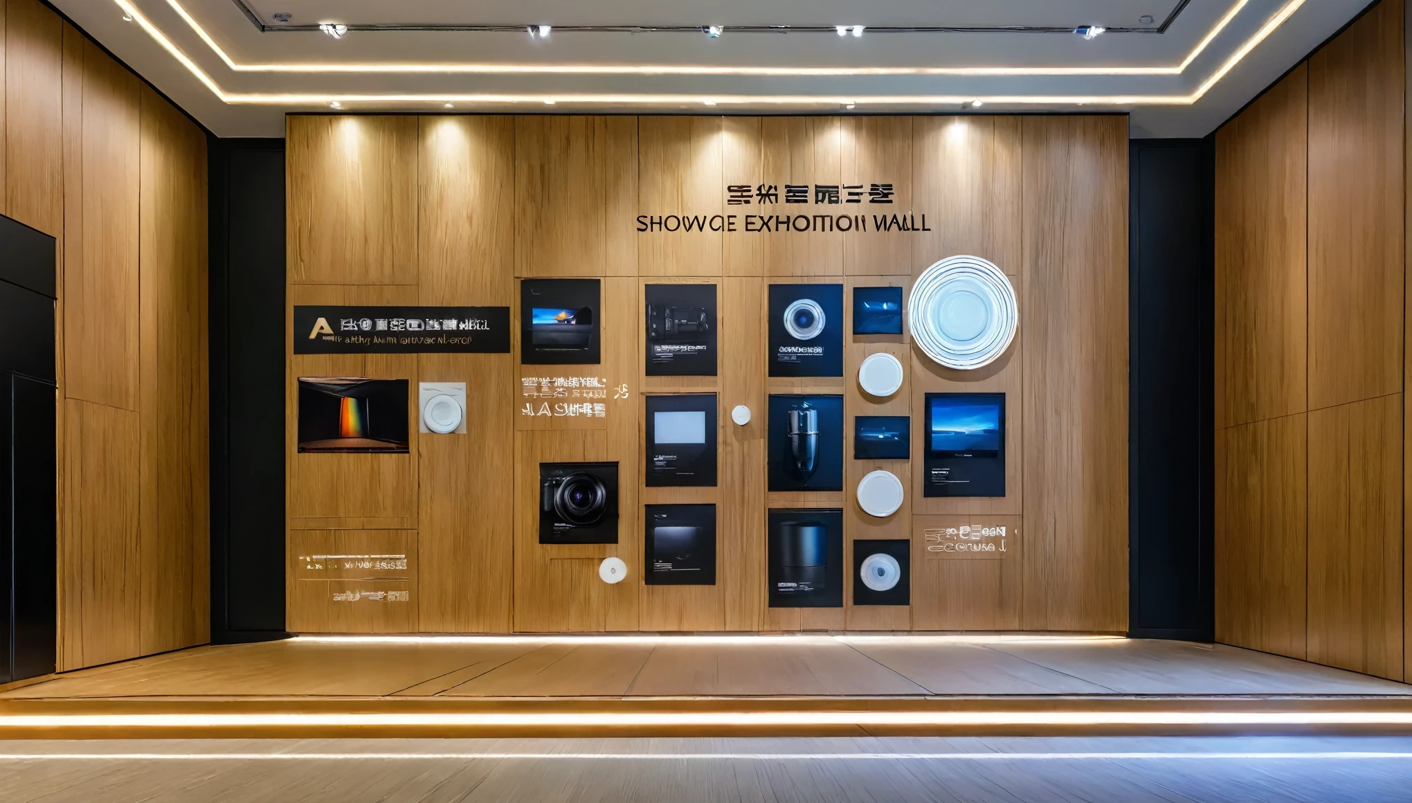 Sony A9iii,RAW photos,masterpiece, high quality, best quality, for real, Super Detail, Internal, indoors, (Light wood grain:1.3), Bright, (real:1.2)，exhibition，Showroom，Company exhibition wall，Showroom入口主墙