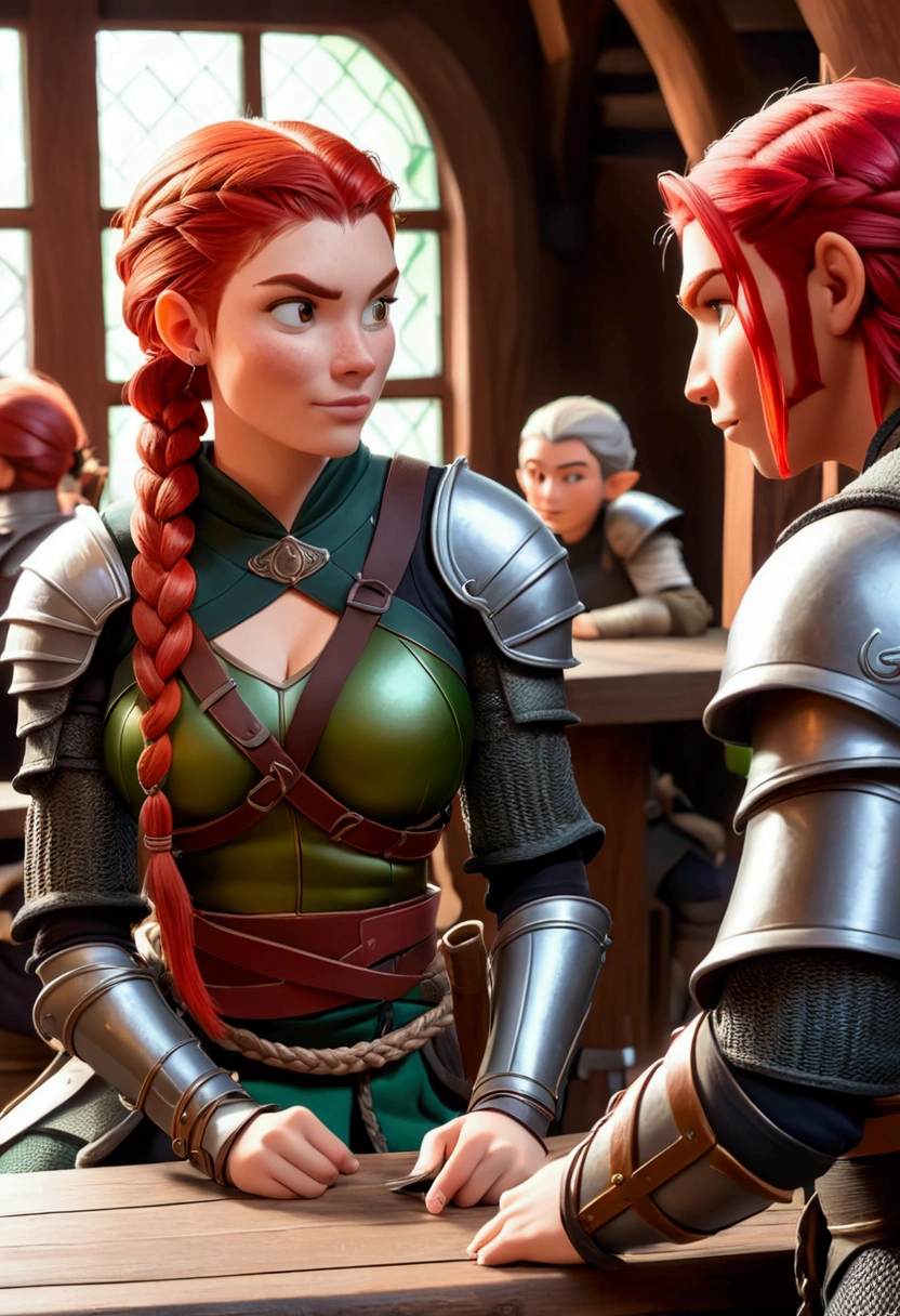1 thief girl, short hair, 1 warrior girl (red hair and waist-length braid : 1.5), 1 elf guy, long blond hair, sitting at a table in a tavern and chatting 