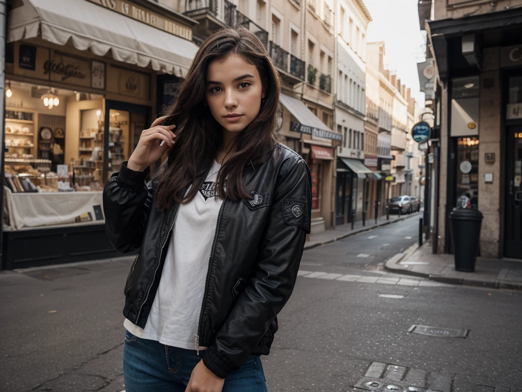 Portraits, jeune fille, blouson en cuire noir, cheveux au carré. En ville.