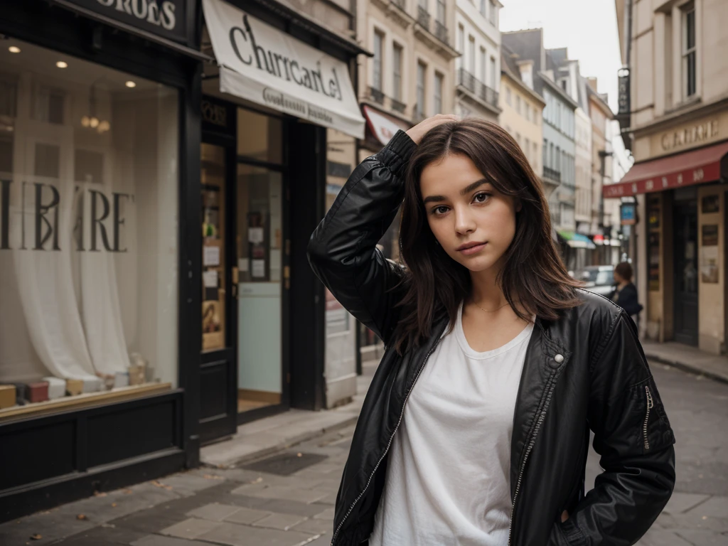 Portraits, jeune fille, blouson en cuire noir, cheveux au carré. En ville.