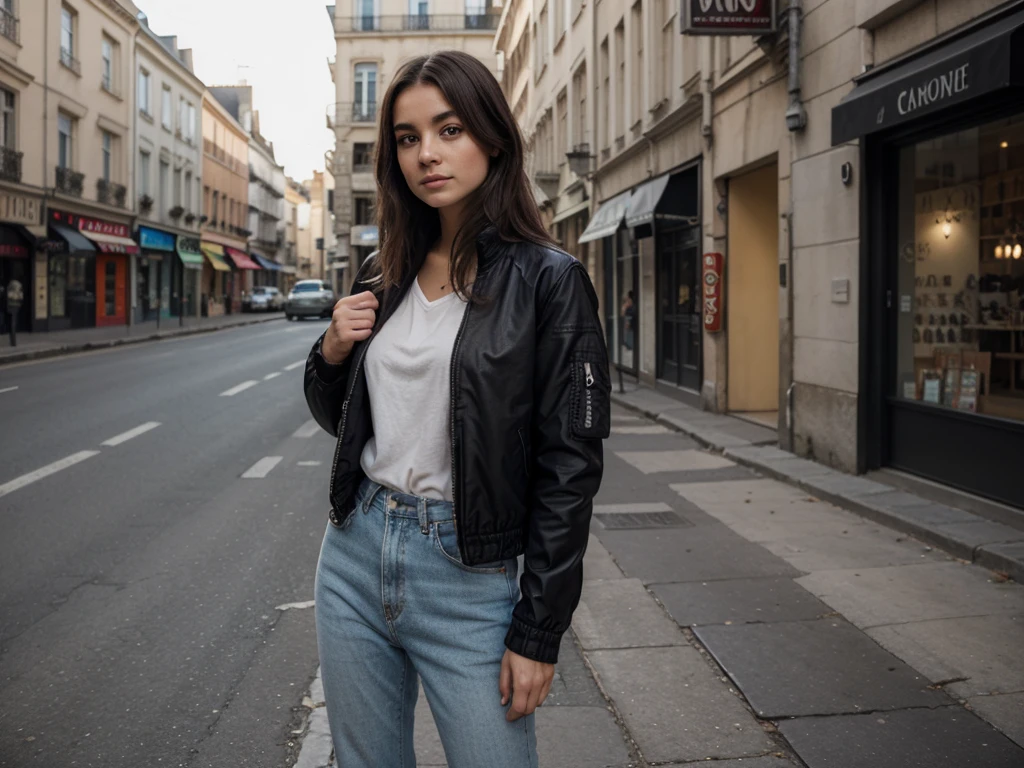 Portraits, jeune fille, blouson en cuire noir, cheveux au carré. En ville.