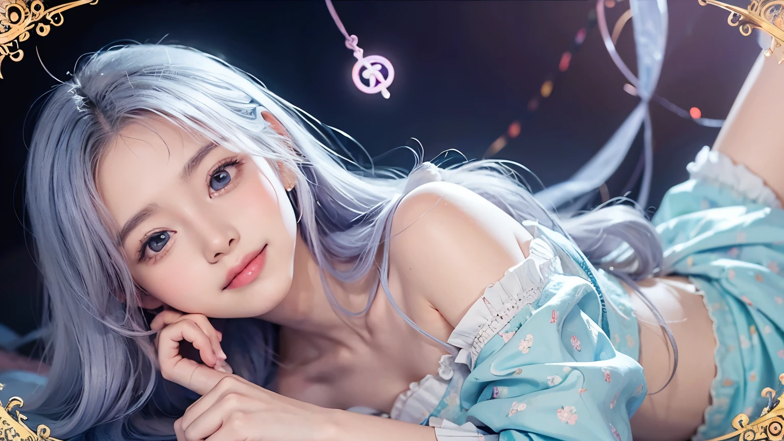 Anime style illustration of a smiling young woman with dimples, surrounded by mystical symbols and past life imagery, soft pastel colors, dreamy atmosphere
