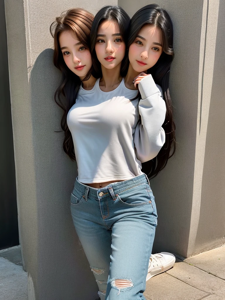 ,best quality, girl, in a sweatshirt, sneakers and jeans, masterpiece, long hair, black hairs, gray eyes, a slim body, french kiss, yuri,(two heads).