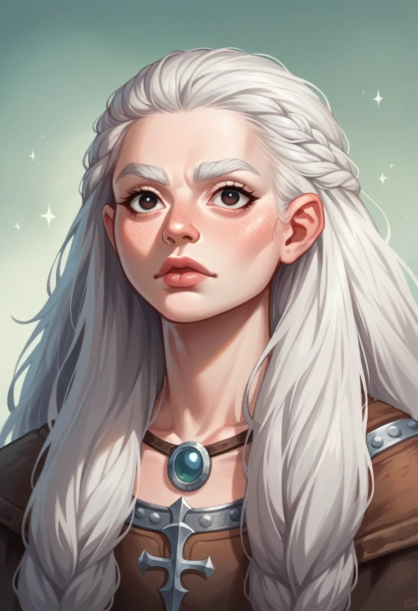 Female, Dwarf, 26 years old, endomorphic body, light skin, silver hair, very long hair length, complex hairstyle, rectangular face shape, wide-set eyes, wide lips, thin eyebrows, straight eyebrows shape, normal nose size, straight nose shape, pigmentation.