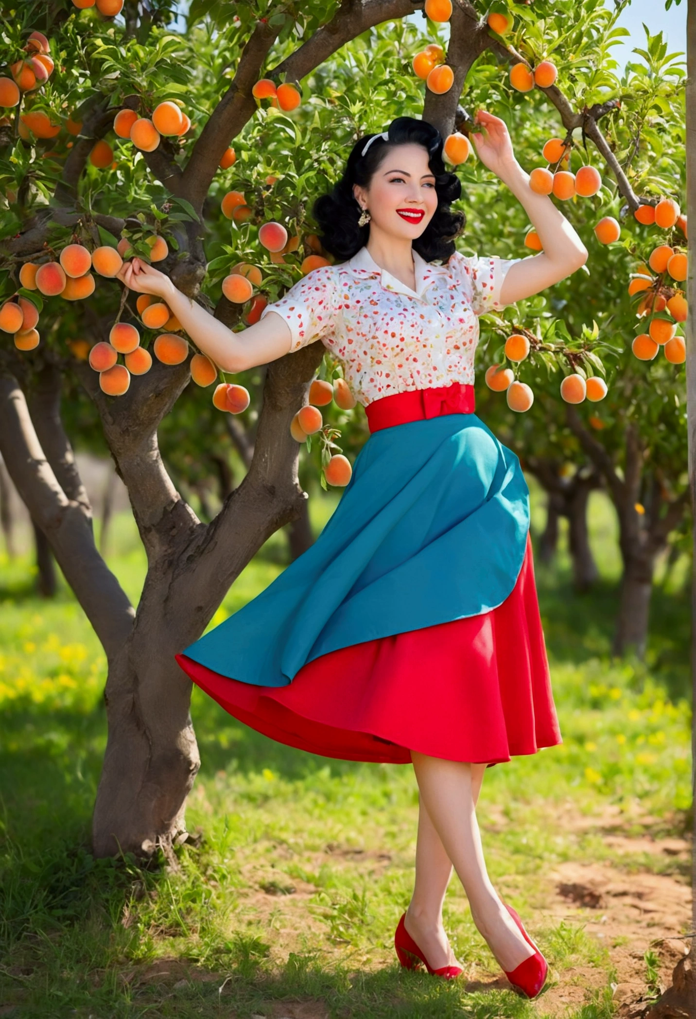 Young Caucasian woman with black hair gracefully stood next to a fruiting apricot tree. She was dressed in a vibrant red, white, blue and green pin-up vintage-inspired outfit, complete with a flowing skirt that fluttered around her legs in the light wind. Her outfit exuded a playful yet classic elegance that perfectly complemented the colorful background with a fruit-bearing tree. With a smile on her face and a twinkle in her eyes, she radiated timeless beauty that seemed to convey the essence of the apricot tree.