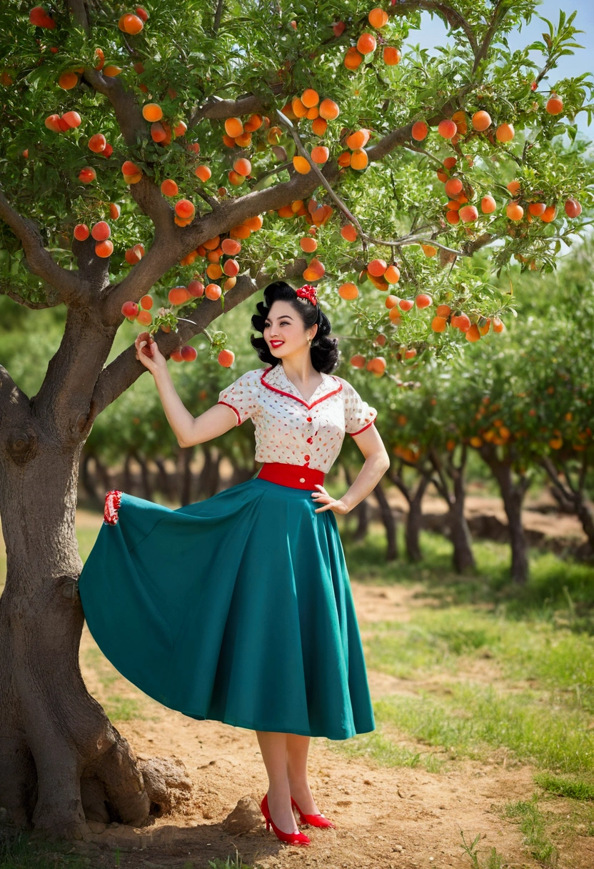 Young Caucasian woman with black hair gracefully stood next to a fruiting apricot tree. She was dressed in a vibrant red, white, blue and green pin-up vintage-inspired outfit, complete with a flowing skirt that fluttered around her legs in the light wind. Her outfit exuded a playful yet classic elegance that perfectly complemented the colorful background with a fruit-bearing tree. With a smile on her face and a twinkle in her eyes, she radiated timeless beauty that seemed to convey the essence of the apricot tree.