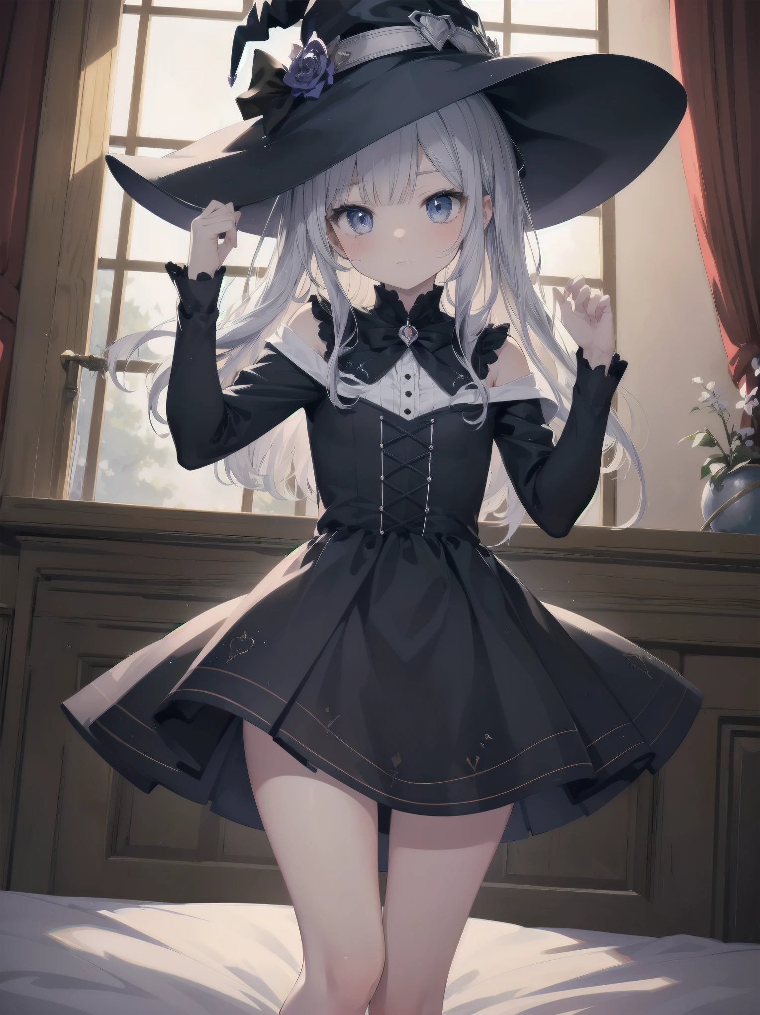 masterpiece, illustration, super detailed, kawaii, one girl, solo, witch in super cute pose, bed room, cowboy shot ,sfw, Dynamic angle
