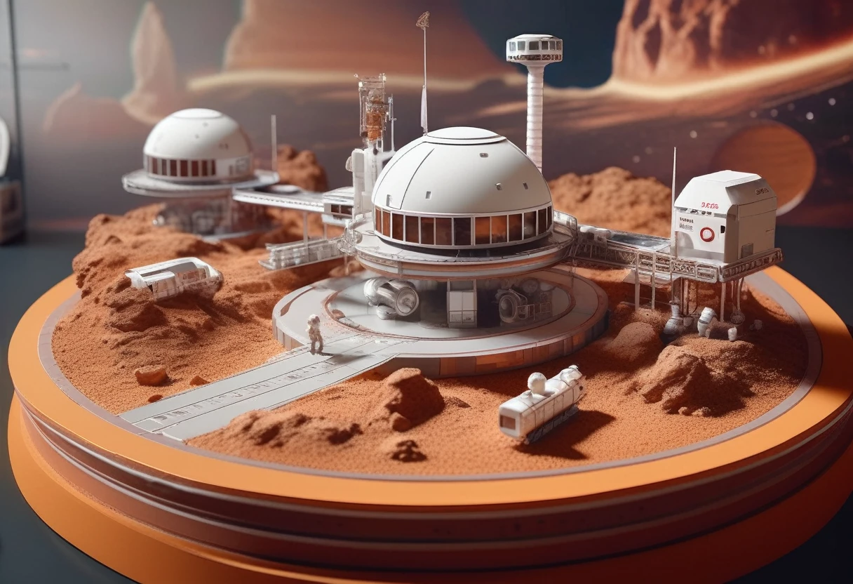 Artist's rendering of a miniature model of the Mars space station, detailed matte painting, inspired by CG Association competition winner Filip Hodas, sophisticated Miniature toy model, heavy mechanical industrial futuristic mine, transportation vehicle, futuristic military base Inside, astronaut, 8k rendering, high-fidelity Miniature model,