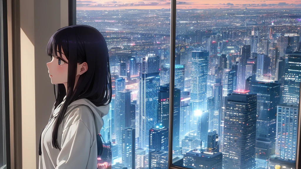 Ultra-high resolution, 8k, (Masterpiece, beautifully、mysterious:1.2), Works by Makoto Xin Haicheng, Lo-fi feel, Perfect human body engineering, 1 female, profile, mysteriousな瞳, Hoodie, uniform and short skirt, Shiny long black hair, Larger than average bust, Listening to music through headphones, Looking out the window, A room with musical instruments, city view from the window, Impressive cityscape, Bright Sky, meteor, Wide angle, Before dusk