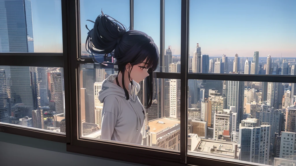 Ultra-high resolution, 8k, (Masterpiece, beautifully、mysterious:1.2), Works by Makoto Xin Haicheng, Lo-fi feel, Perfect human body engineering, 1 female, profile, mysteriousな瞳, Hoodie, uniform and short skirt, Shiny long black hair, Larger than average bust, Listening to music through headphones, Looking out the window, A room with musical instruments, city view from the window, Impressive cityscape, Bright Sky, meteor, Wide angle, Before dusk