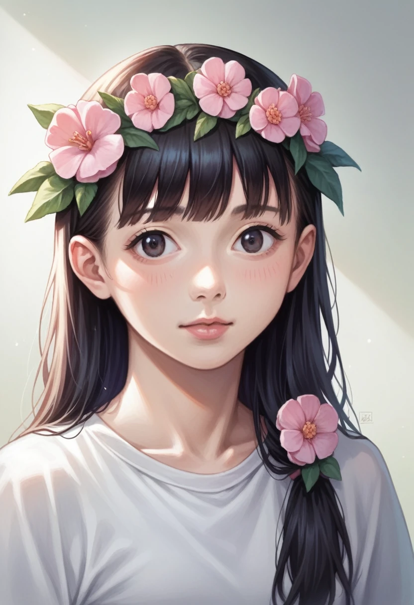 anime girl with long black hair wearing a white shirt and a flower crown, beautiful anime portrait, stunning anime face portrait, beautiful anime girl, kawaii realistic portrait, detailed portrait of anime girl, portrait anime girl, realistic anime 3 d style, realistic young anime girl, realistic anime artstyle, young anime girl, anime realism style, realistic anime art style