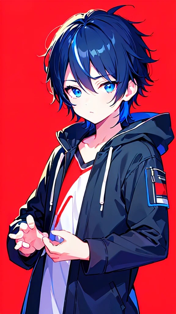 [(RED BACKGROUND:1.5),::5], ((((masterpiece)))), high quality, ultra very high resolution, full color, (((solo))), ((little boy)), BLACK hair, (Blue streaked hair), (oriental deepblue eyes), anime, ((upper body)), Summer clothes, neon light, black parka, 