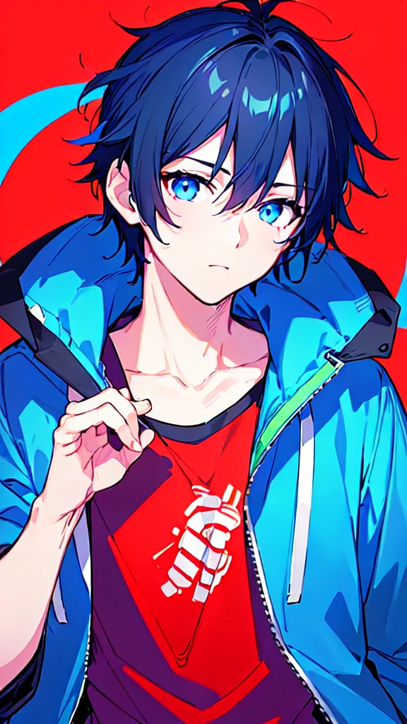 [(RED BACKGROUND:1.5),::5], ((((masterpiece)))), high quality, ultra very high resolution, full color, (((solo))), ((little boy)), BLACK hair, (Blue streaked hair), (oriental deepblue eyes), anime, ((upper body)), Summer clothes, neon light, black parka, 