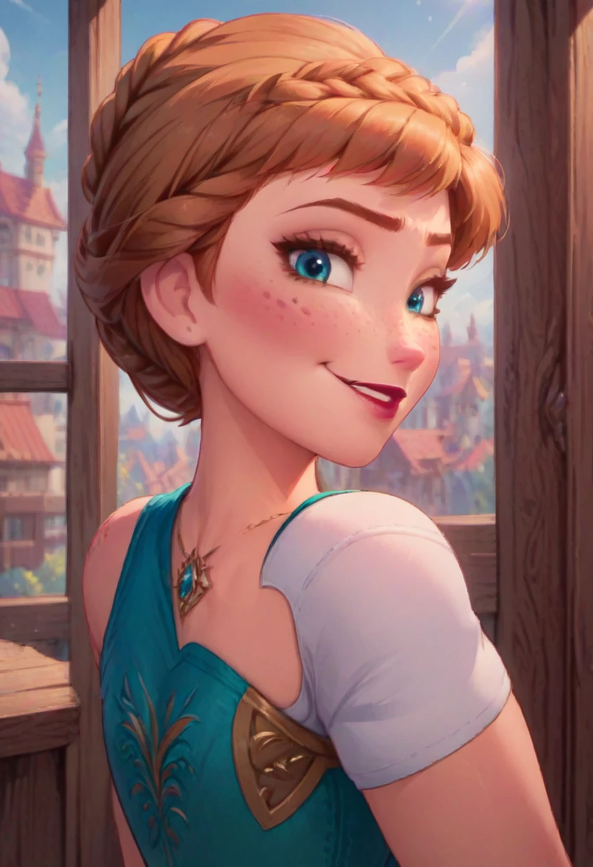 ((masterpiece, best quality)), Disney reference, (Anna), Anna smirks, looking at viewer, lipstick, freckles on face, upper body: bare shoulders, skinny 