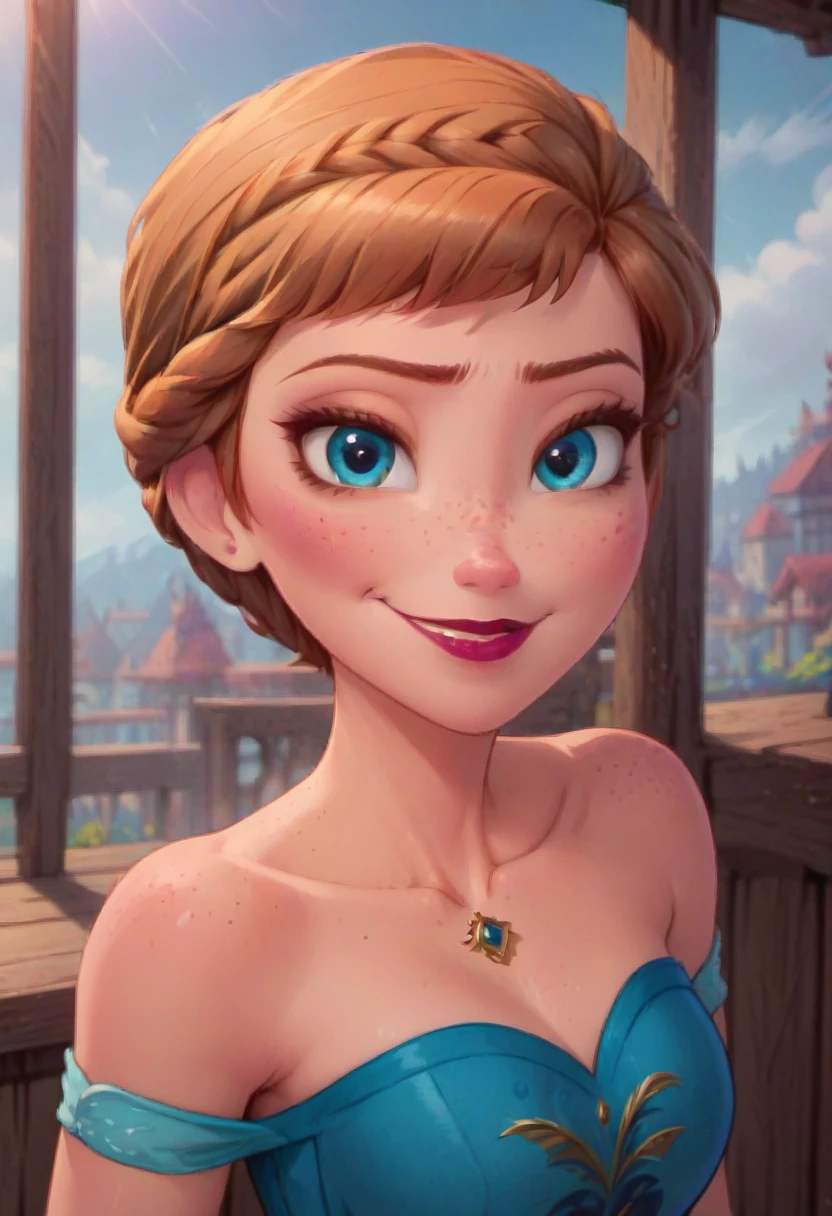 ((masterpiece, best quality)), Disney reference, (Anna), Anna smirks, looking at viewer, lipstick, freckles on face, upper body: bare shoulders, skinny 