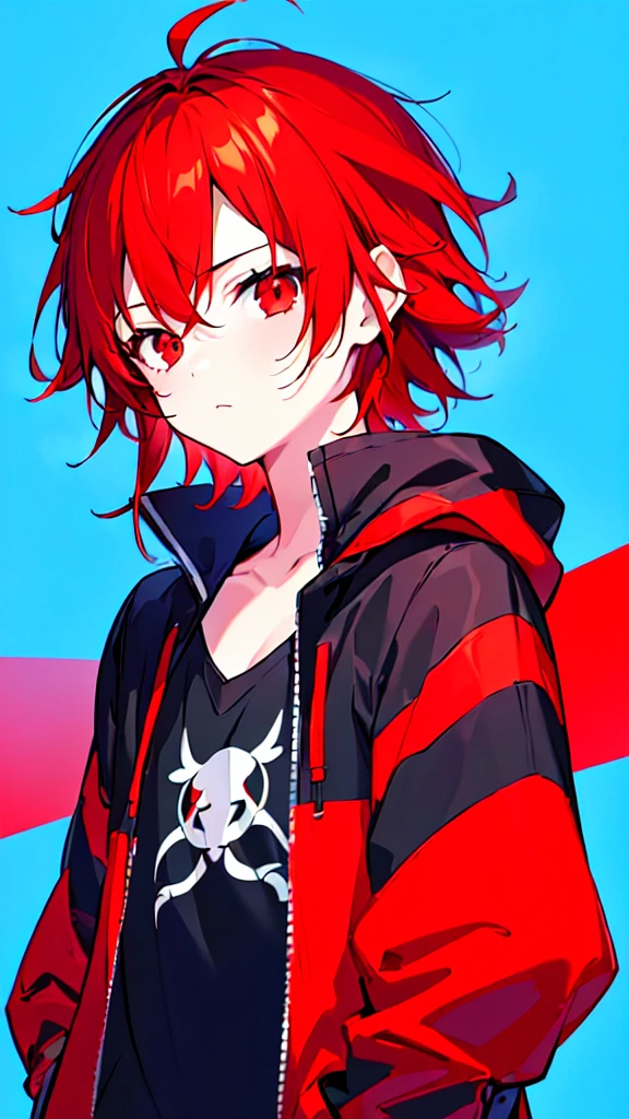 [(BLUE BACKGROUND:1.5),::5], ((((masterpiece)))), high quality, ultra very high resolution, full color, (((solo))), ((little boy)), ((Red hair)), (Black streaked hair), (oriental Red eyes), anime, ((upper body)), Summer clothes, neon light, black parka, 