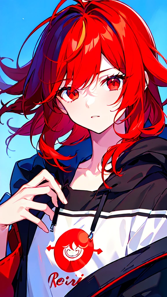 [(BLUE BACKGROUND:1.5),::5], ((((masterpiece)))), high quality, ultra very high resolution, full color, (((solo))), ((little boy)), ((Red hair)), (Black streaked hair), (oriental Red eyes), anime, ((upper body)), Summer clothes, neon light, black parka, 