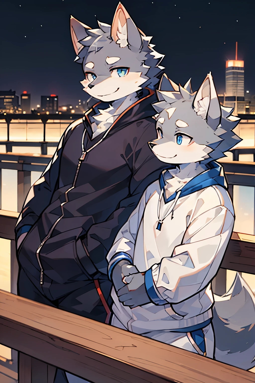Exquisite lines，best quality。Muscular body, Youthful,Gray fur,Standing on the bridge, Beautiful night city background,head tilted to one side,smiling,Happy Mood,City night sky, Wear a white sweatshirt,Wolf furry character,Blue pupils