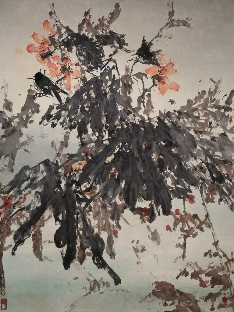 1 Lin Nan,Chinese, Flowers, birds, Leaves, ink, Rice paper, Factory details, vein, Plant textures, Layering, Beautifully, Clear, more details,