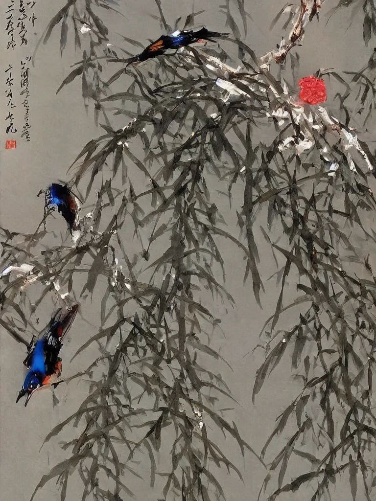 1 Lin Nan,Chinese, Flowers, birds, Leaves, ink, Rice paper, Factory details, vein, Plant textures, Layering, Beautifully, Clear, more details,