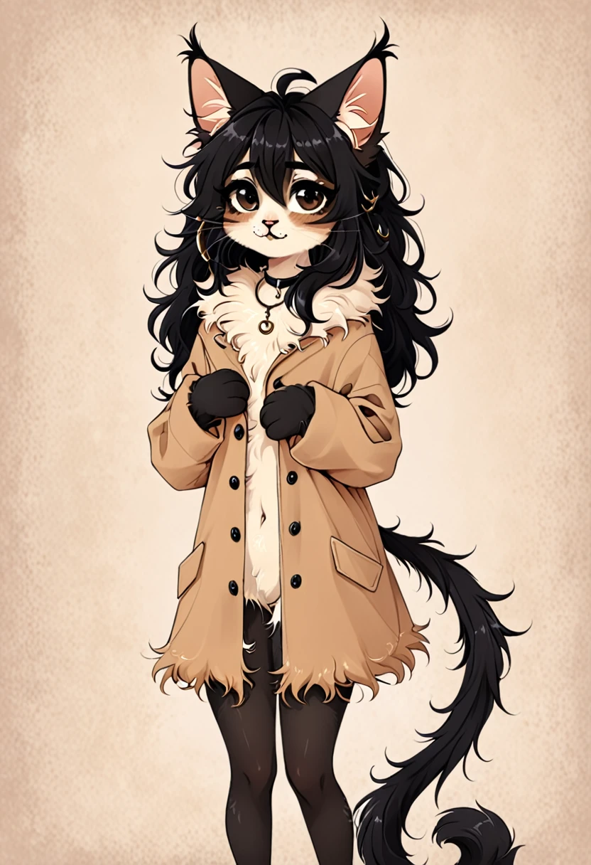 Young furry anthropomorphic cat, creamy brown coat color with pointed black lines and abundant fluffy fur, her cat ears are thin and with dangling earrings, its cat tail with black kines very hairy and fluffy, messy black hair, black eyes with septum piercing,