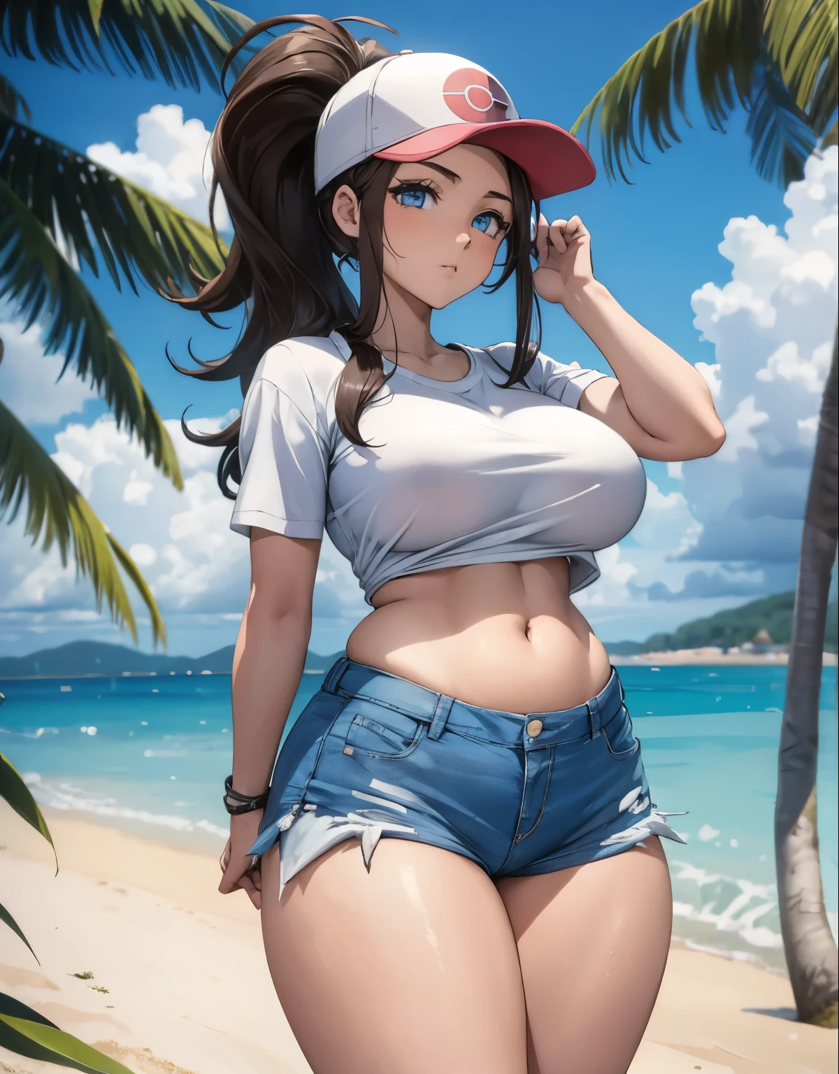 ((The best quality, Highly detailed, Masterpiece)) 4k, 1girl, hilda pokemon, baseball cap, high ponytail,long hair, blue eyes, plump thighs, visible thighs, thighs thighs, detailed eyes, standing, on the beach, intense colours, looking to the camera, white shirt, midriff, denim shorts, short shorts, tight shorts, large breasts, loose shirt