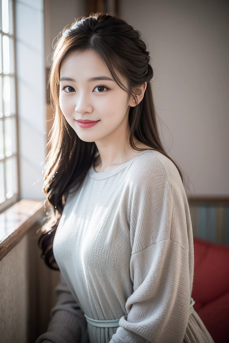 Highest quality, 1 beautiful woman, 28 years old, Oval face,Phoenix Eyes，Eyebrow， Double eyelids, Long eyelashes, A faint smile, ，s, 35mm lens, F/1, Cowboy shot, Specific Background、Tiled background、Perm、sweat　 ((Light grey straight dress:1.1)), (a charming smile:1.2), Perfect proportion，Sexy pose,look、stare、Houseplant、verdant、look到whole body、window,RHA30