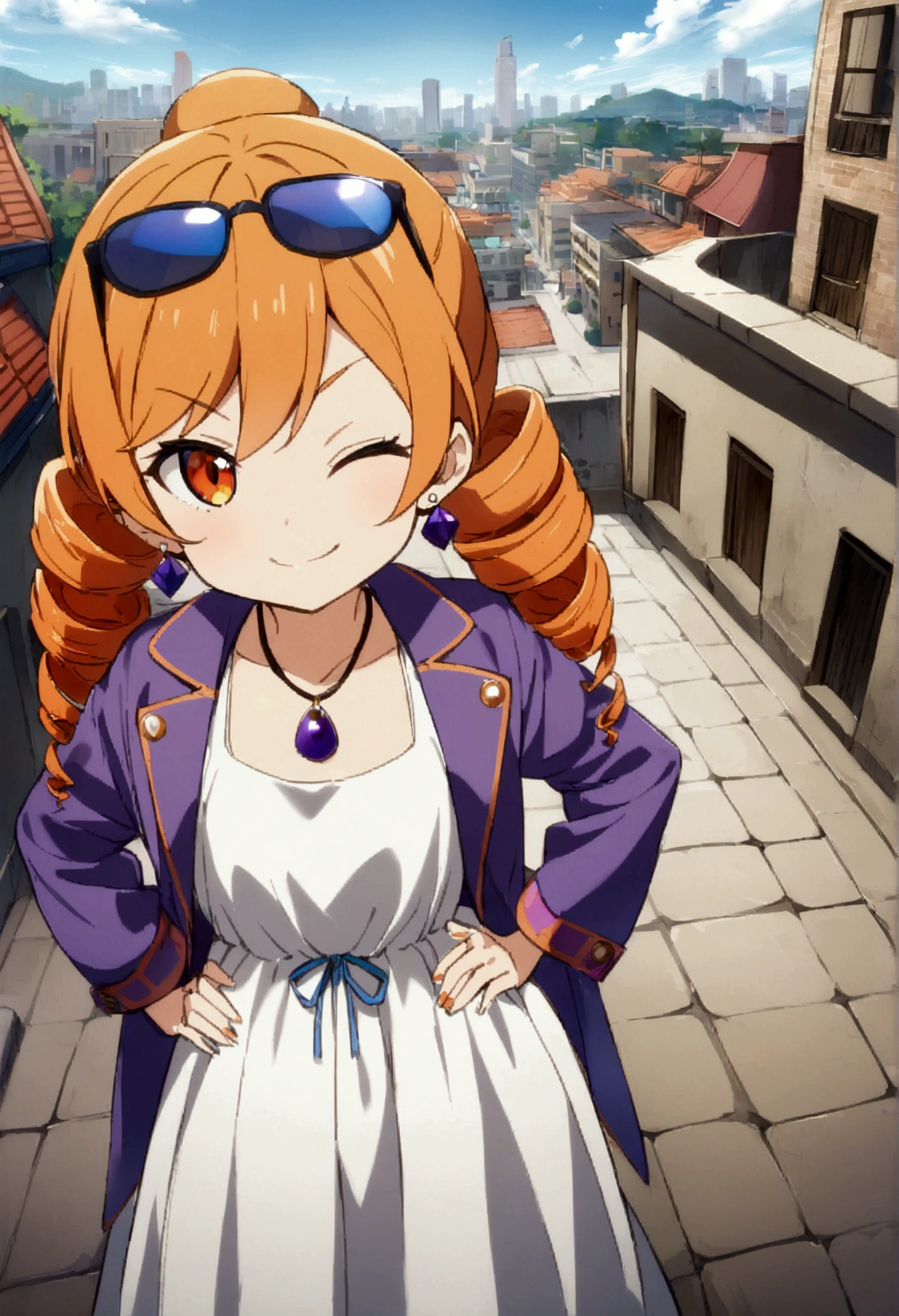 1girl, solo, yorigami jo'on, orange hair, drill hair, eyewear on head, orange eyes, jewelry, bow, white dress, purple jacket, pendant, earrings, hat, standing, hand on hip, looking at viewer, one eye closed, smirk, outdoors, city 