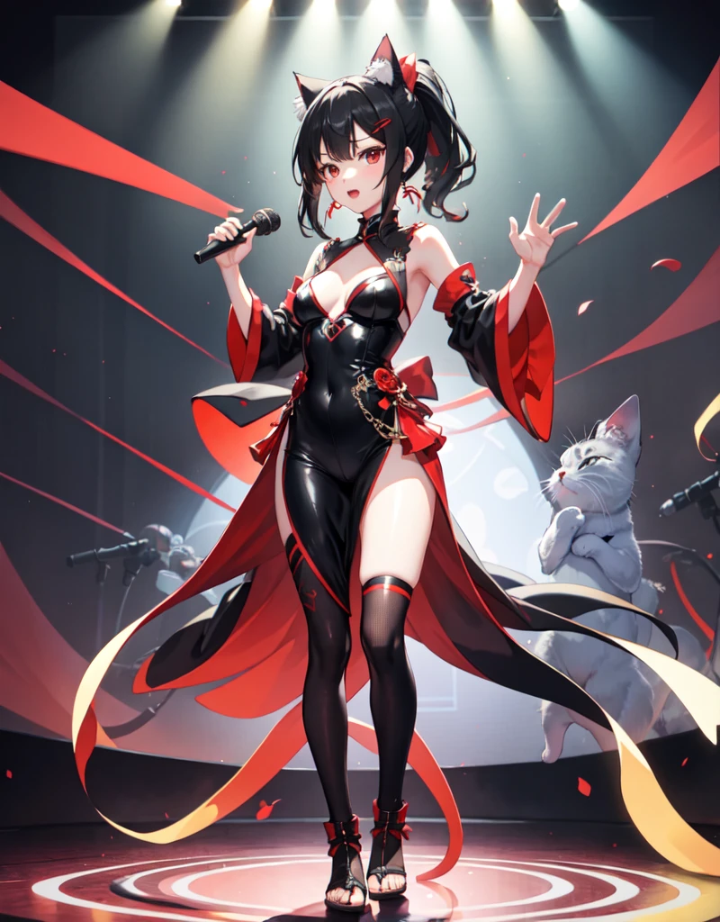 One girl、Red and black hair、Ponytail Hair、Cat ear、Red Eyes、whole body、Down to the feet、Holding a microphone、Are standing、Private Server
