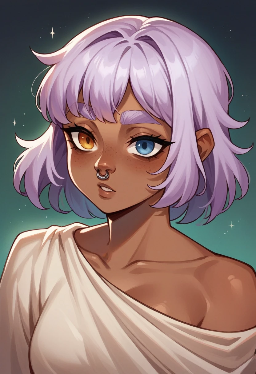 Female, Dwarf, 22 years old, mesomorphic body, dark skin, lavender hair, medium hair length, ordinary hairstyle, square face shape, slanted eyes, asymmetrical lips, medium eyebrows, soft arch eyebrows shape, small nose size, upturned nose shape, heterochromia.