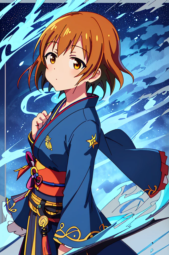 Highest quality，High resolution， (((Yukiho Hagiwara))) ，((Idolmaster)) ，One person，warrior，（dark blue_coat），kimono，Young woman，((Bob_Hairstyle)) ，(orange_Hair Color)，roar，intense，Aggressive，One personで，strongest，Anime Style，（Milky Way_background），(Limbs)，(Full Finger)， (The finer details), (Super detailed)，(Japanese sword:)，4K，(high resolution)，whole body, (Front angle), Looking at the camera,masterpiece，(Subtle details)，(Intricate details)，Octane Rendering，(Hyper Detail)，