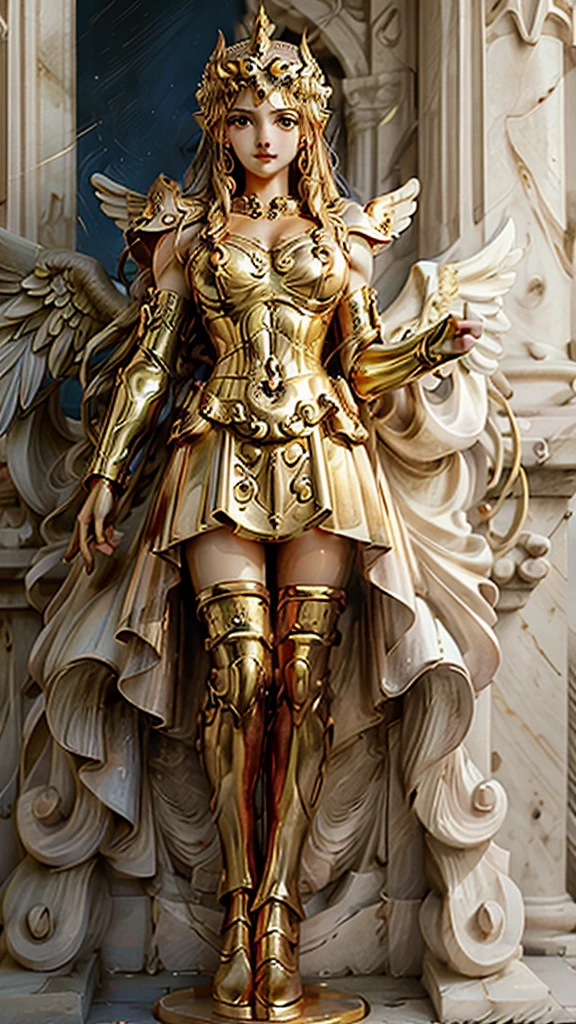 a statue of a woman holding a spear and a flag in front of a building with pillars and columns, Greek goddess athena, the god athena, athena goddess of wisdom, golden goddess athena, goddess da mitologia grega, 
 marble, a goddess grega afrotita, Greek goddess, old Greek goddess, Winged Victory!!!, estilo neoclassicismo, Venus goddess Athena, work of art, best qualityer, (()), ((18-years old)), ((female )), cleary see face, Cute s, Perfect Anatomia, humida, happy grin, realisitic face, realisitic, dynamic side lighting, perfect lighting, dynamic pose, dynamic angle, (1 girl), focus only, smallbreast, ((Loli,Photoreal ,hug, looking ahead at viewer, FEMALE FOUR-WINGED ANGEL, with his arm raised, greek style, realisitic, mediável, classic style, classical painting, realisitic PAINTING, golden ornament, golden shoulder, golden wings, maiden, goddess, roman GREEK MUSE, roman, long hair, golden hair, Resolução 8k, STYLE PAINTING Angelika Kauffmann, William-Adolphe Bouguereau STYLE PAINTING, realisitic, (best qualityer, 4K, 8k, A high resolution, work of art:1.2), ultra detali, Retrato realisitic, detailed expression, funny posture, dreamy atmosphere, expressive brushstrokes, mystical atmosphere, artistic interpretation,Beautiful Curly Hair，Delicate floral jewelry， Amazing little fresh style outfit, a whimsical illustration, Subtle colors and tones, Mystic aura,Details have been updated, 
(moist skin:1.1), (sensual face:1.5), ([long  hair]:1.8), (full body standing image:1.8), ([long  hair]:1.8), (whole body:1.8), (best qualityer, 4K, 8k, A high resolution, work of art:1.2)