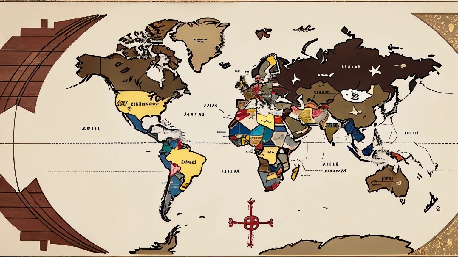 World map with different cultural symbols for dimples (Japanese kanji, Cupid's arrow, French beauty mark) floating above their respective countries, mixed media art style
