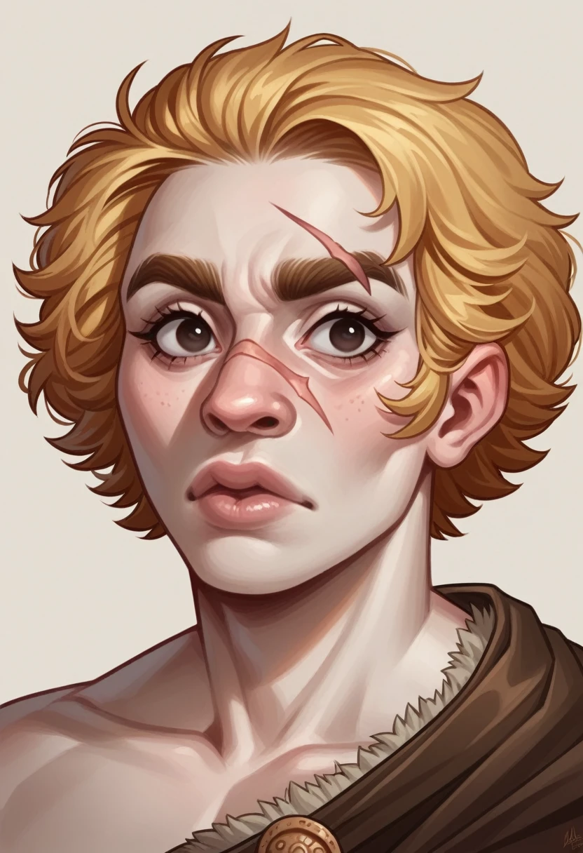 Female, Dwarf, 19 years old, mesomorphic body, pale skin, golden hair, short hair length, simple hairstyle, oval face shape, almond eyes, full lips, medium eyebrows, arched eyebrows shape, large nose size, Roman nose shape, scar.